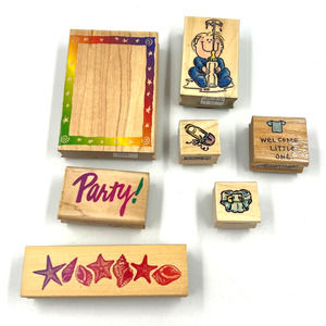 Vintage Lot 7 Rubber Stamp Lot Paper Crafting Junk Journaling Baby Shower Party